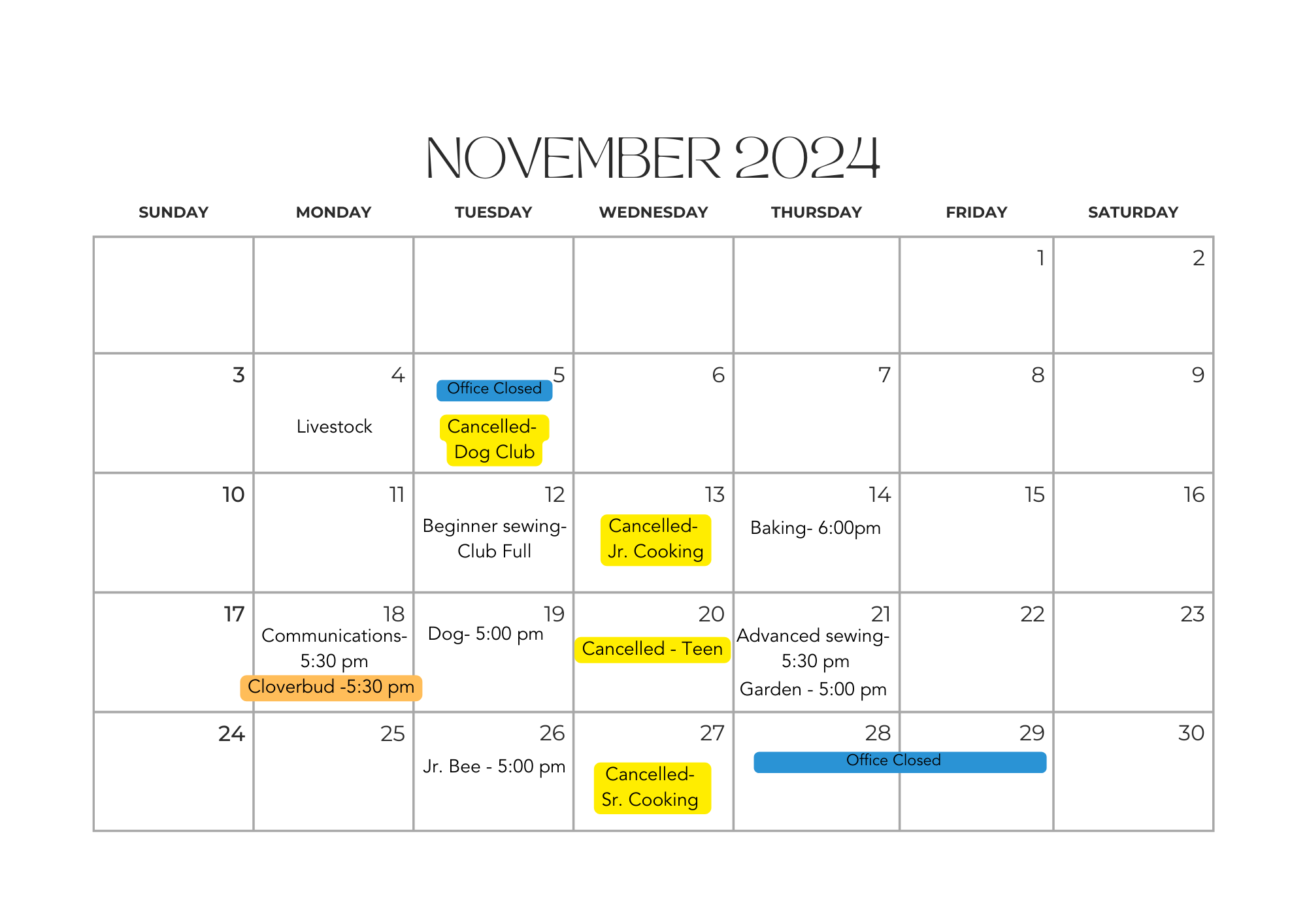 November 2024 Club Calendar 